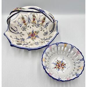 RCCL Ceramic Hand Painted Floral Fruit Basket Braided Handle & Bowl Set Portugal